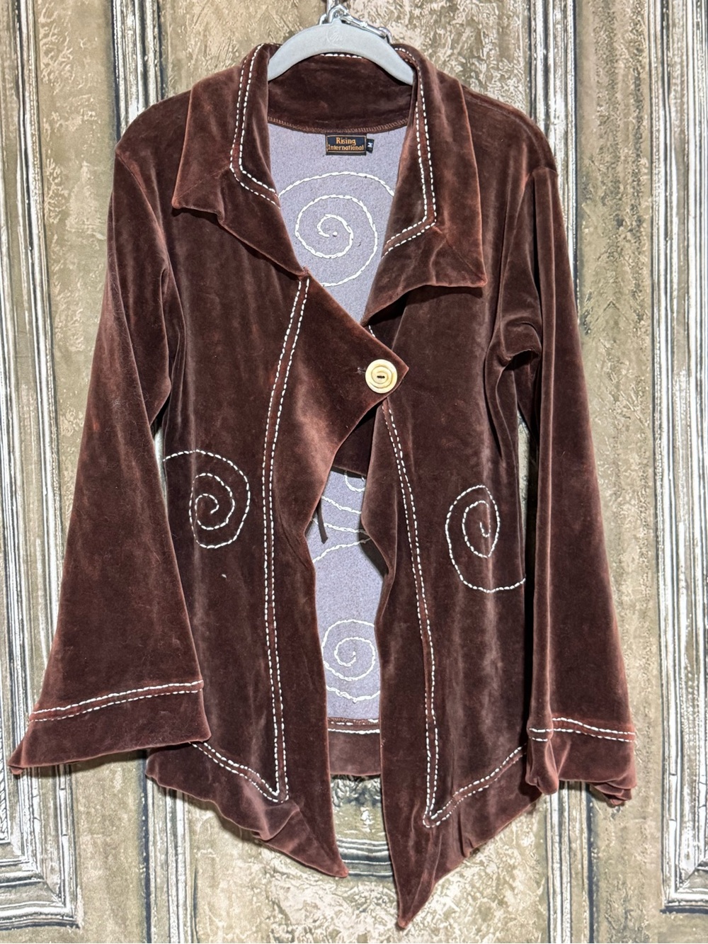 Rising International Brown Velvet Embroidered Boho Jacket M Art to Wear